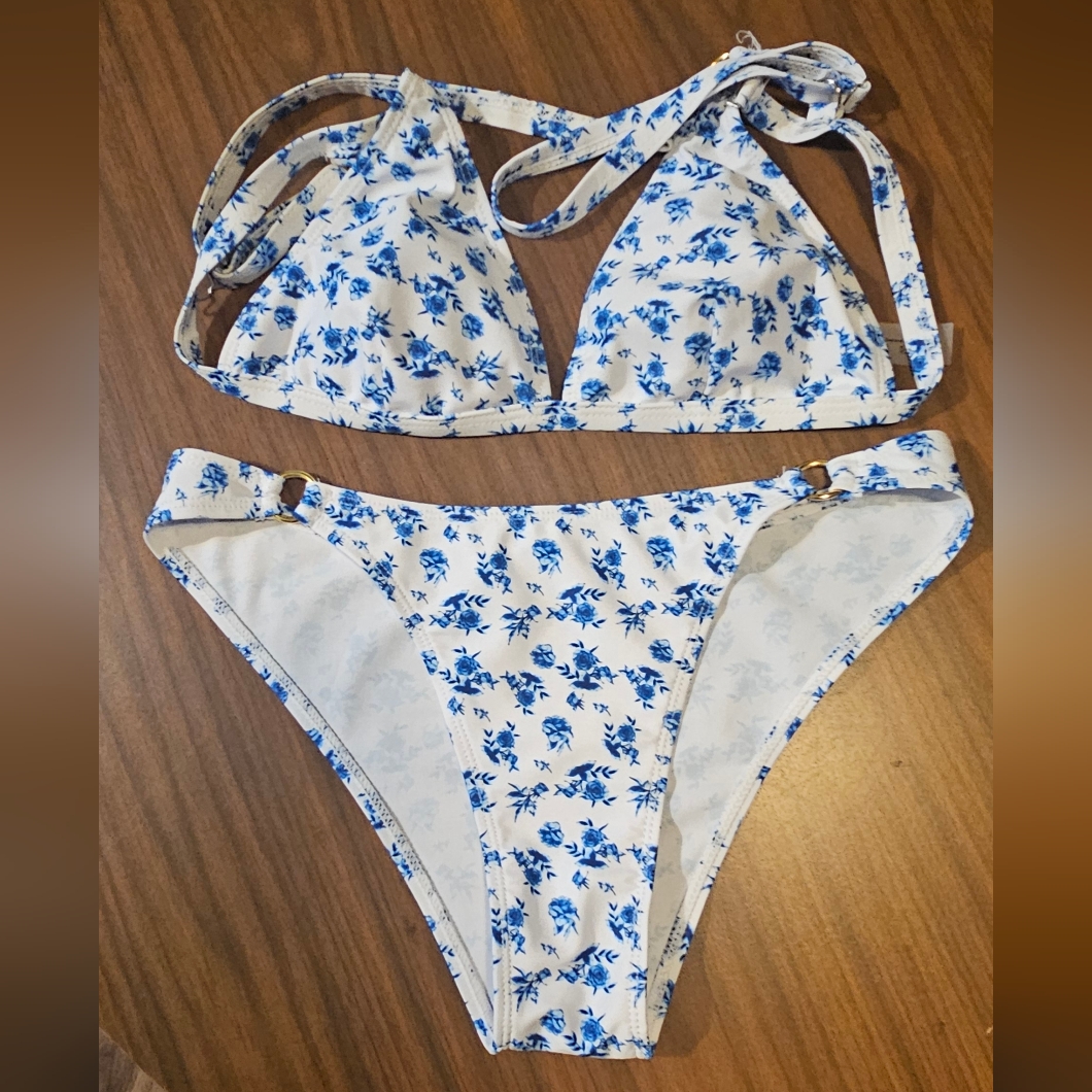 Floral Blue And White Bikini Set